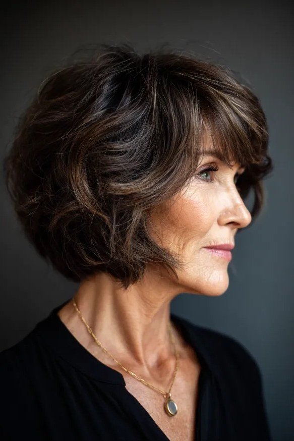 Brunette rounded bob, side view - shaggy haircut for women over 50 with fine hair