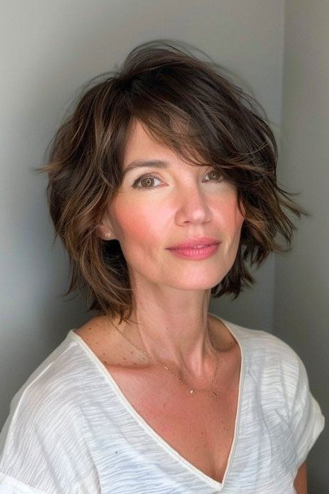 Brunette shaggy bob, front - shaggy haircut for women over 50 with fine hair