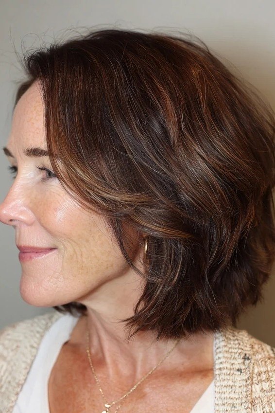 Brunette shaggy bob, side view - shaggy haircut for women over 50 with fine hair