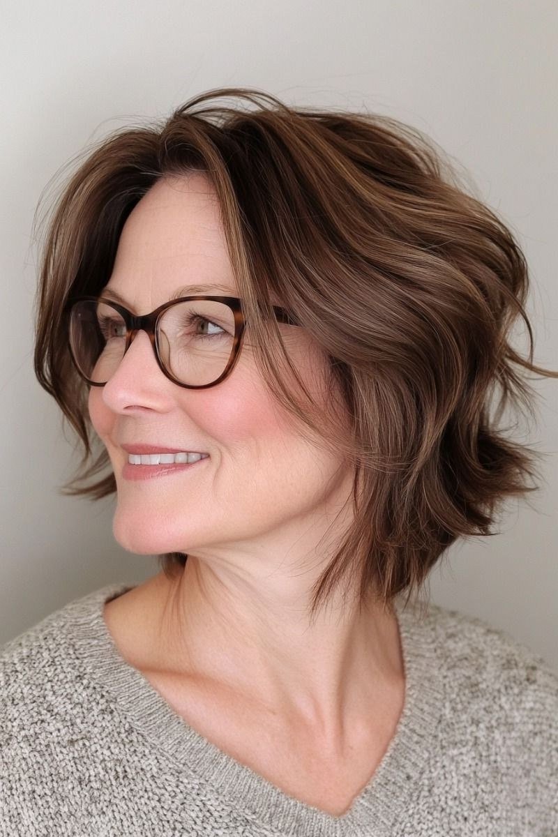 Brunette shaggy bob with glasses, side view - shaggy haircut for women over 50 with fine hair