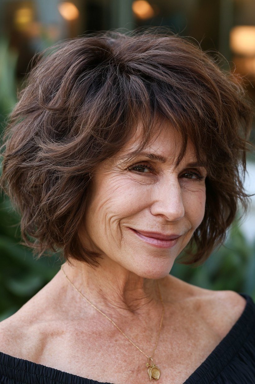 Brunette tousled shag, front - shaggy haircut for women over 50 with fine hair