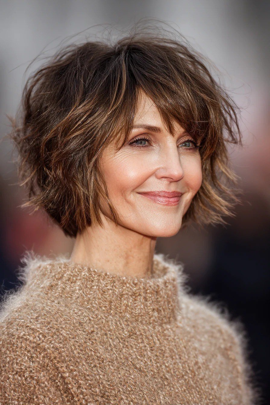 Brunette shaggy bob with bangs, front - shaggy haircut for women over 50 with fine hair