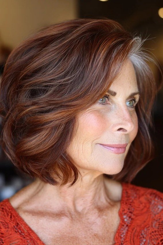 Brunette shaggy bob with grey streaks, side view - shaggy haircut for women over 50 with fine hair