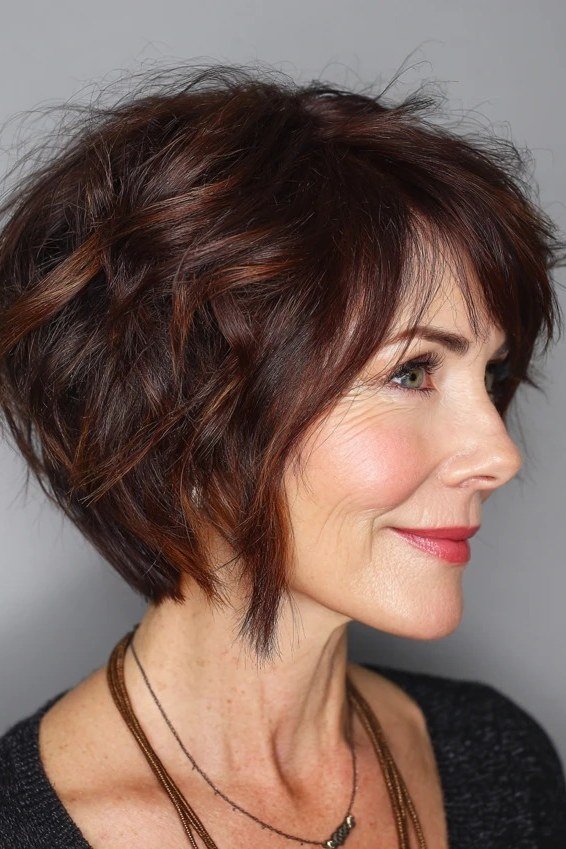 Auburn shaggy bob, side view - shaggy haircut for women over 50 with fine hair