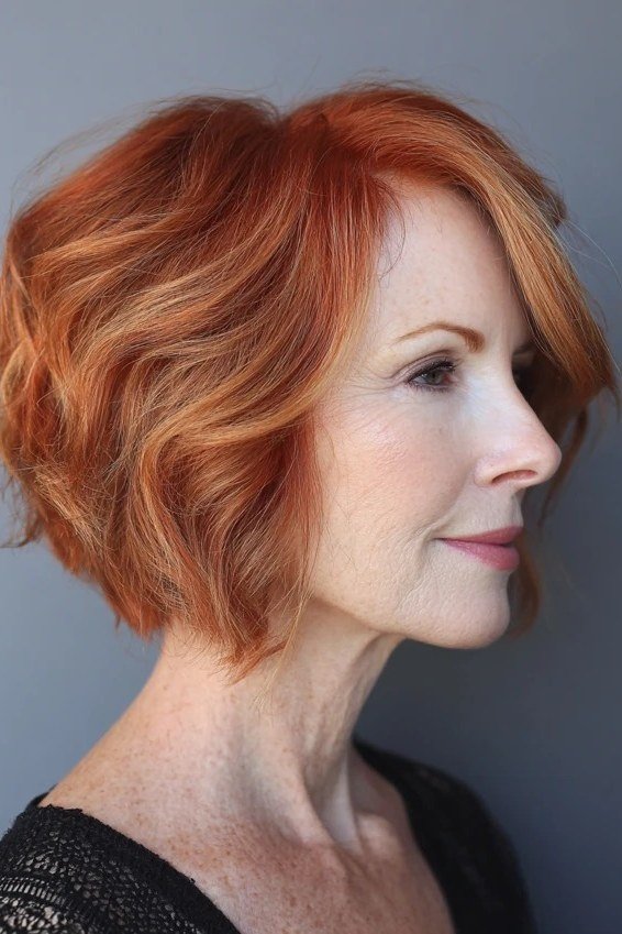 Copper shaggy bob, side view - shaggy haircut for women over 50 with fine hair