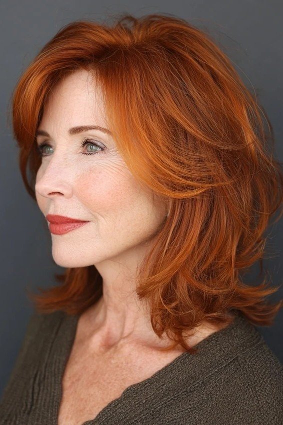 Copper long shaggy bob, side view - shaggy haircut for women over 50 with fine hair