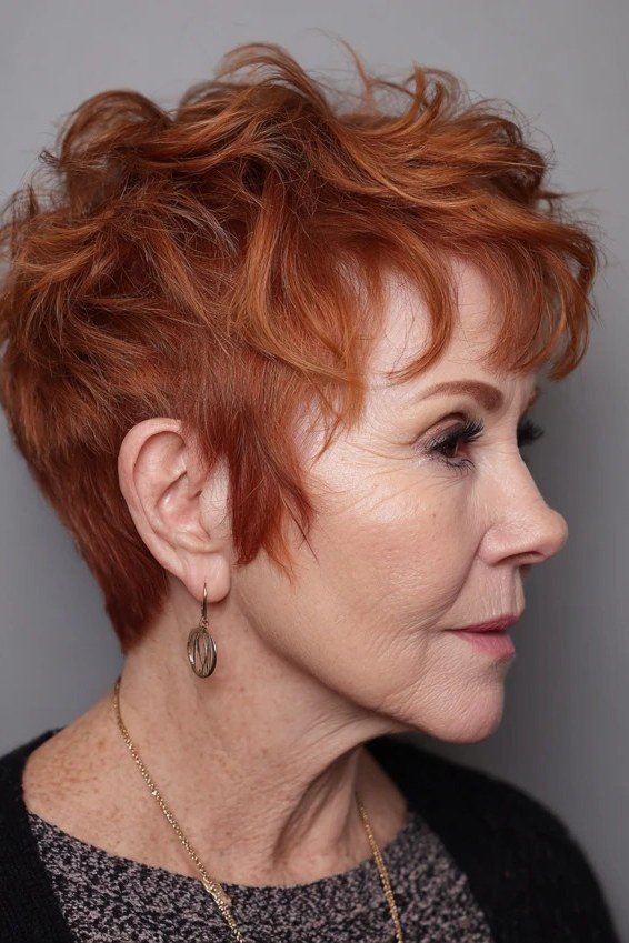 Copper shaggy pixie, side view - shaggy haircut for women over 50 with fine hair
