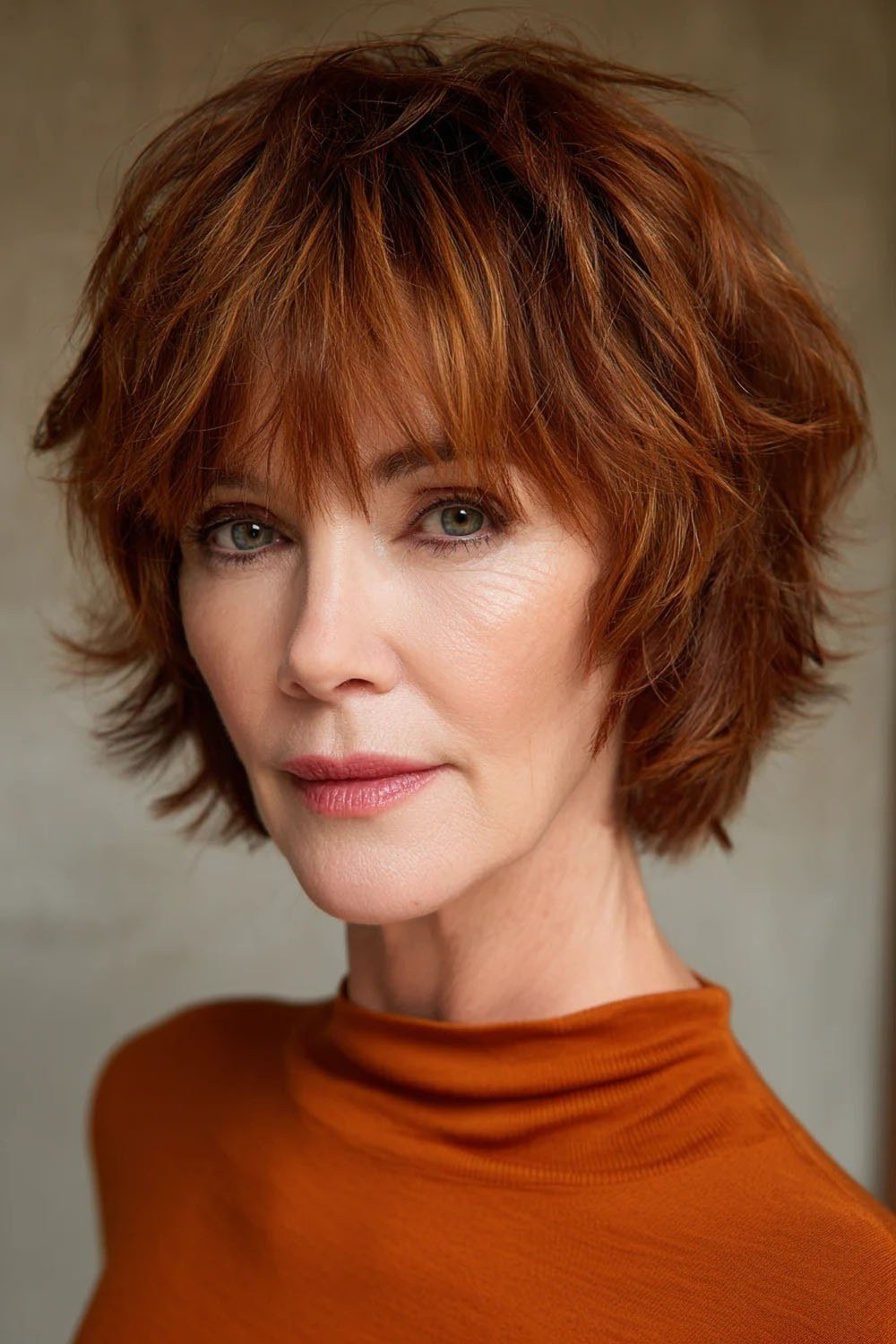 Copper shaggy bob, front - shaggy haircut for women over 50 with fine hair