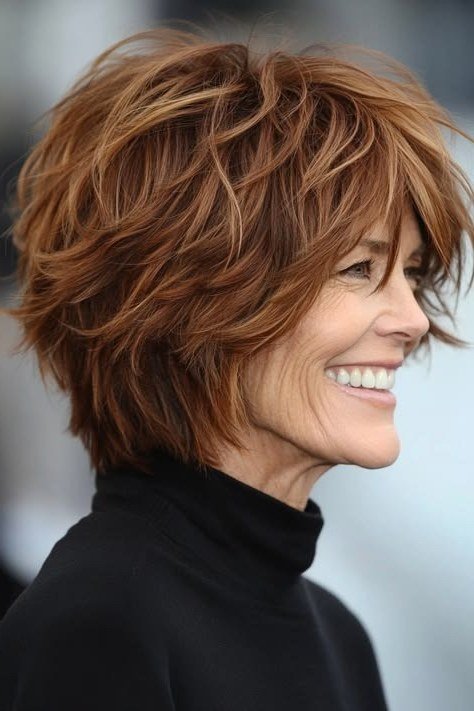 Copper shaggy bob, side view smiling - shaggy haircut for women over 50 with fine hair
