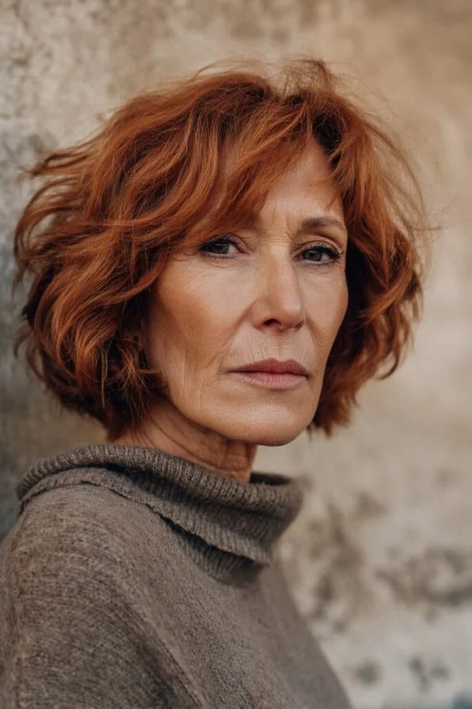 Auburn curly shaggy bob, front - shaggy haircut for women over 50 with fine hair