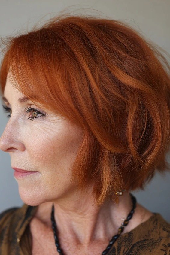 Copper shaggy bob, side view - shaggy haircut for women over 50 with fine hair