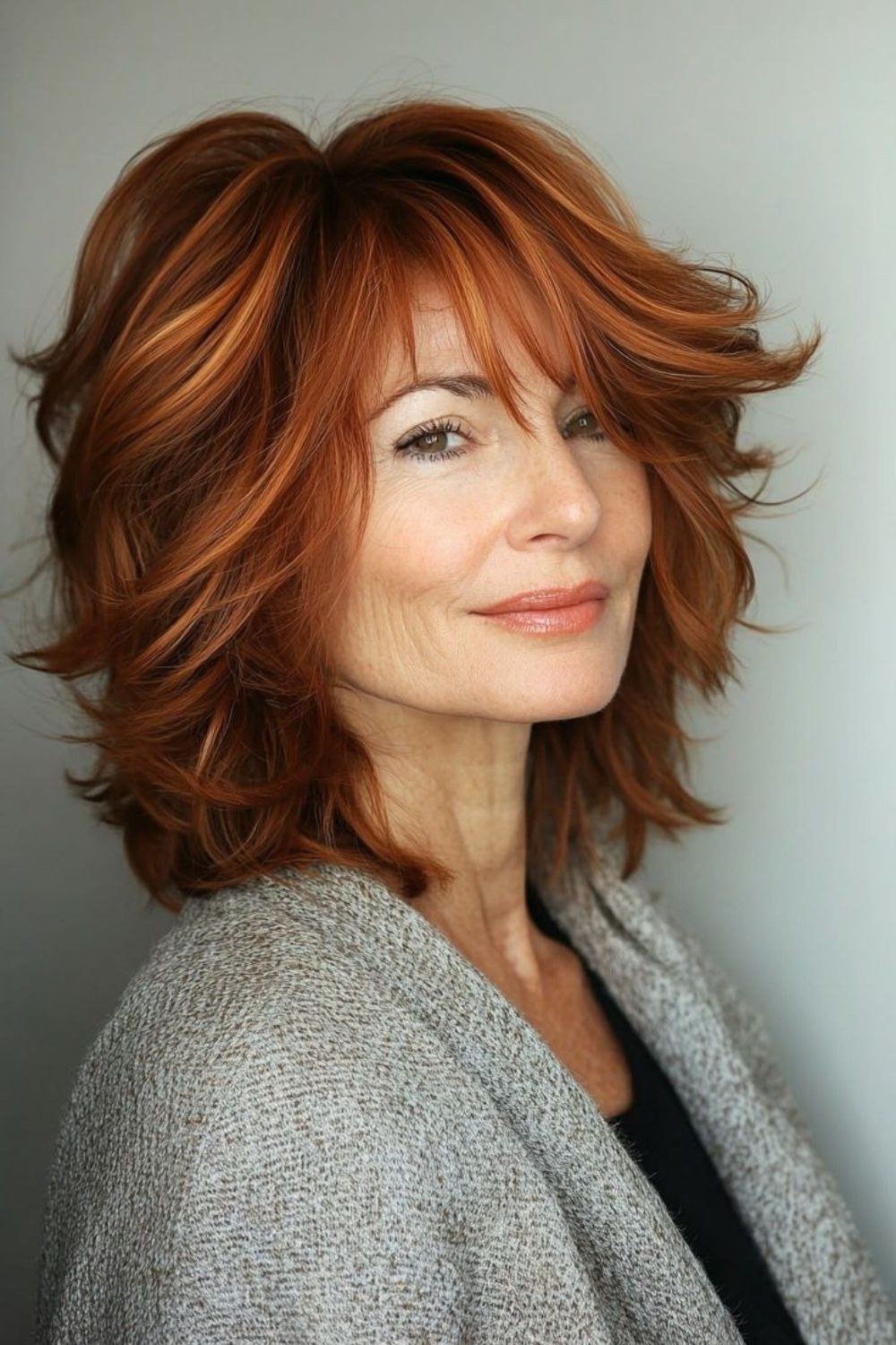 Auburn shaggy lob, side view - shaggy haircut for women over 50 with fine hair