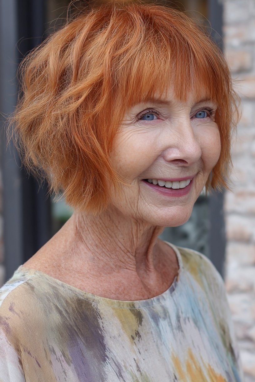 Copper shaggy bob, front smiling - shaggy haircut for women over 50 with fine hair