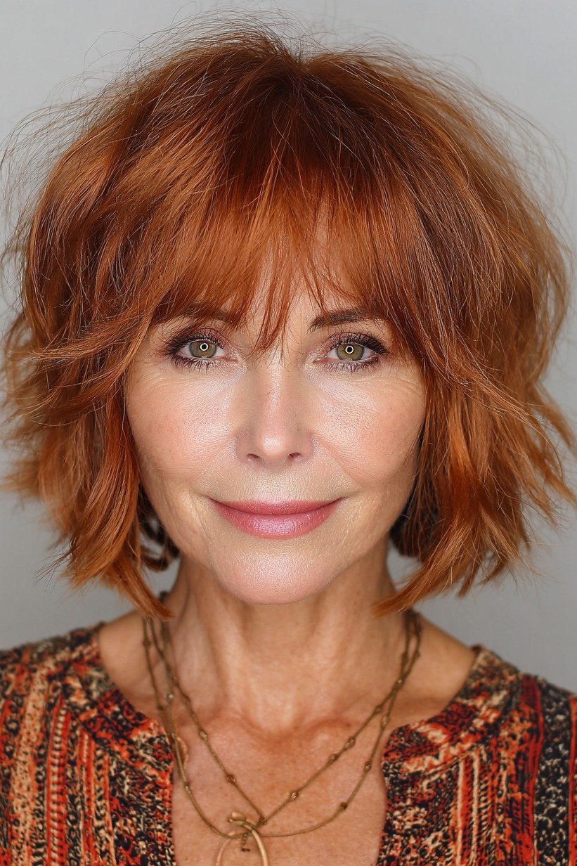 Copper shaggy bob with fringe, front - shaggy haircut for women over 50 with fine hair