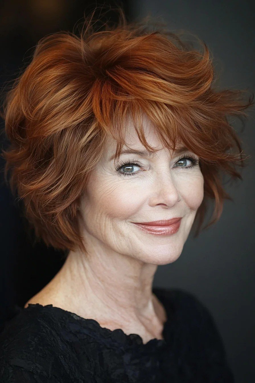 Copper tousled shag, front - shaggy haircut for women over 50 with fine hair