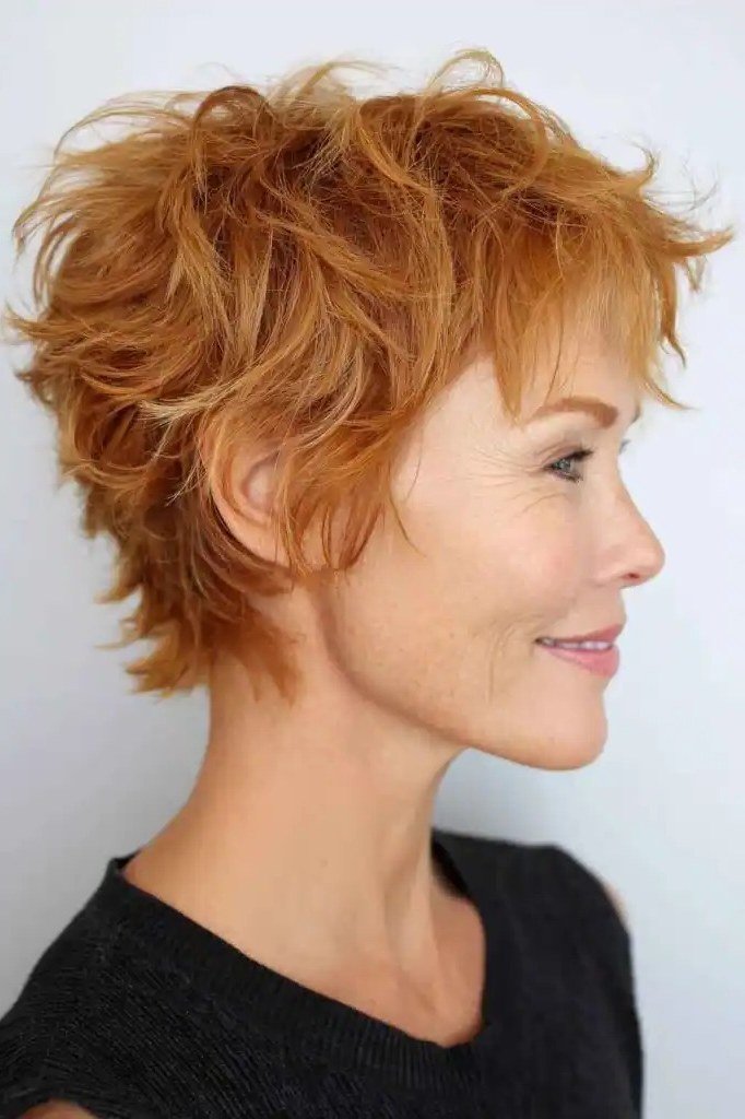 Copper shaggy pixie, side view - shaggy haircut for women over 50 with fine hair
