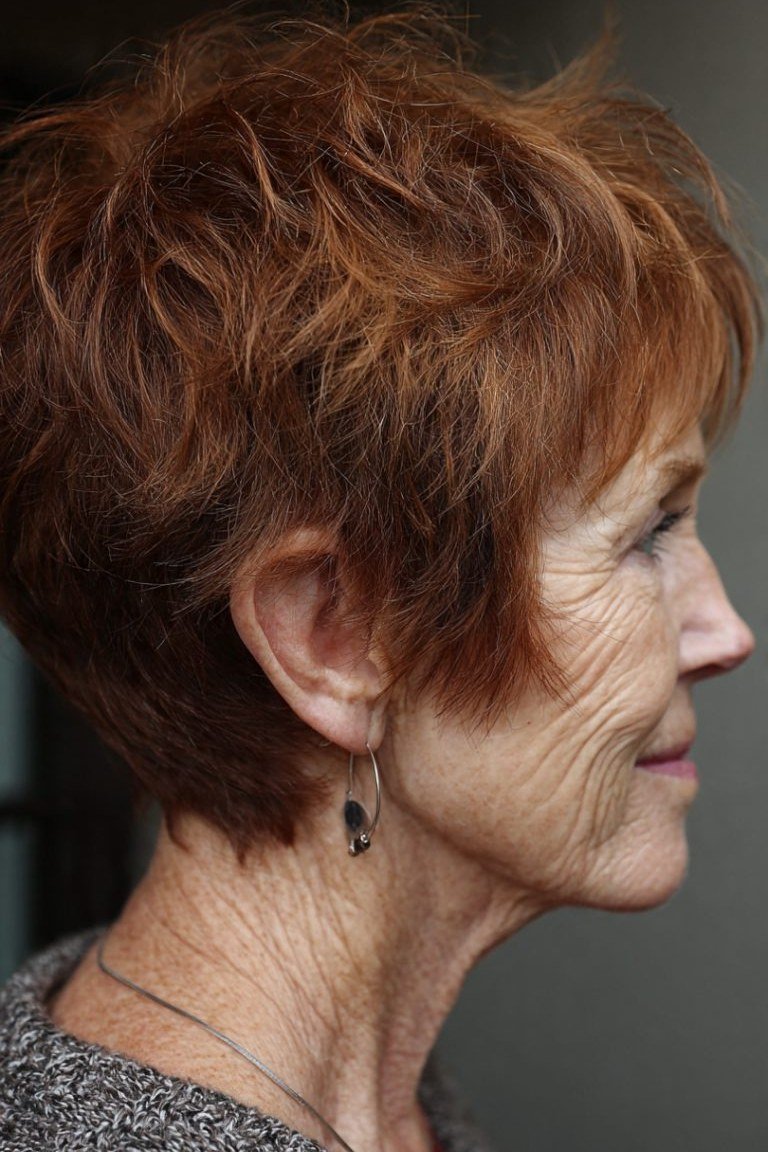 Copper shaggy pixie, side view - shaggy haircut for women over 50 with fine hair