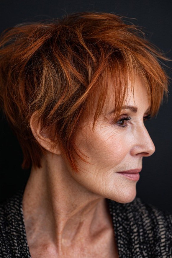 Copper shaggy pixie, side view - shaggy haircut for women over 50 with fine hair