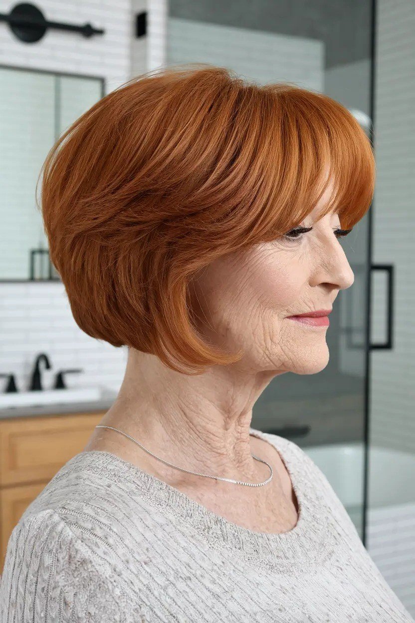 Copper rounded bob, side view, salon - shaggy haircut for women over 50 with fine hair