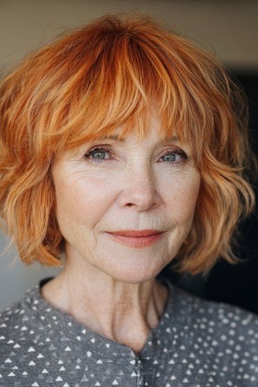 Copper shaggy bob with bangs, front - shaggy haircut for women over 50 with fine hair