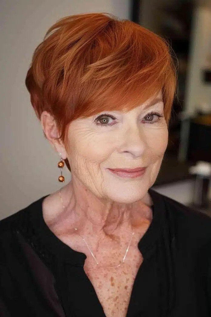 Copper shaggy pixie, front - shaggy haircut for women over 50 with fine hair