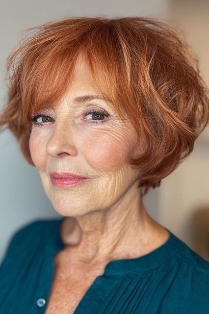 Copper shaggy bob, front - shaggy haircut for women over 50 with fine hair