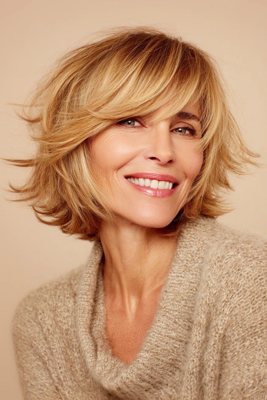 Blonde shaggy bob with bangs, front - shaggy haircut for women over 50 with fine hair