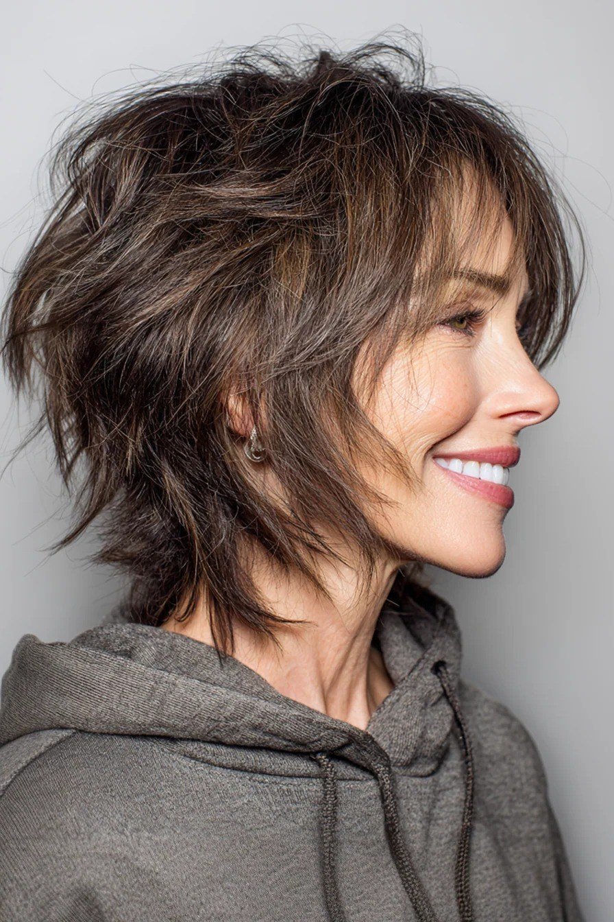 Grey shaggy pixie-bob, side view, smiling - shaggy haircut for women over 50 with fine hair