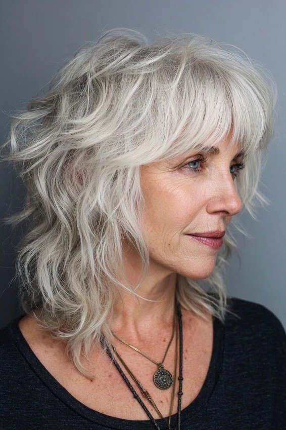 Silver shaggy lob, side view - shaggy haircut for women over 50 with fine hair