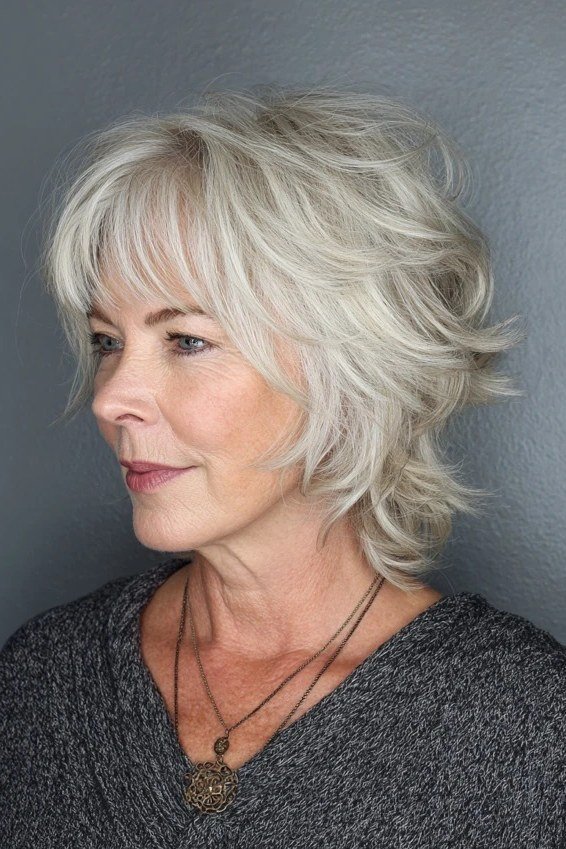 Silver shaggy bob with bangs, side view - shaggy haircut for women over 50 with fine hair