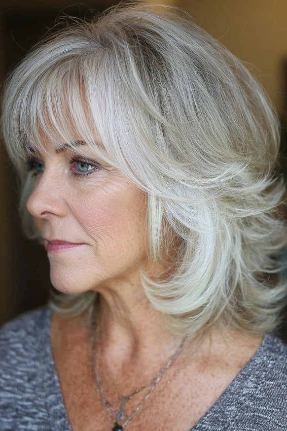 Silver shaggy bob with bangs, side view - shaggy haircut for women over 50 with fine hair