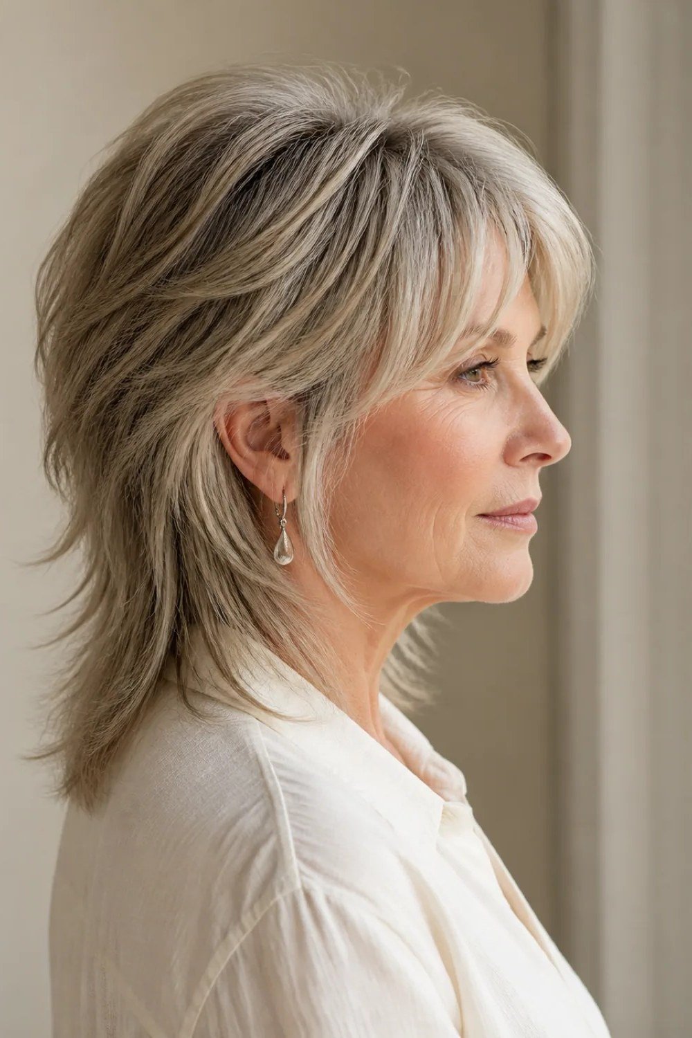 Grey shaggy lob, side view - shaggy haircut for women over 50 with fine hair