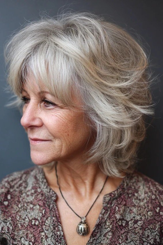 Silver shaggy bob, side view - shaggy haircut for women over 50 with fine hair