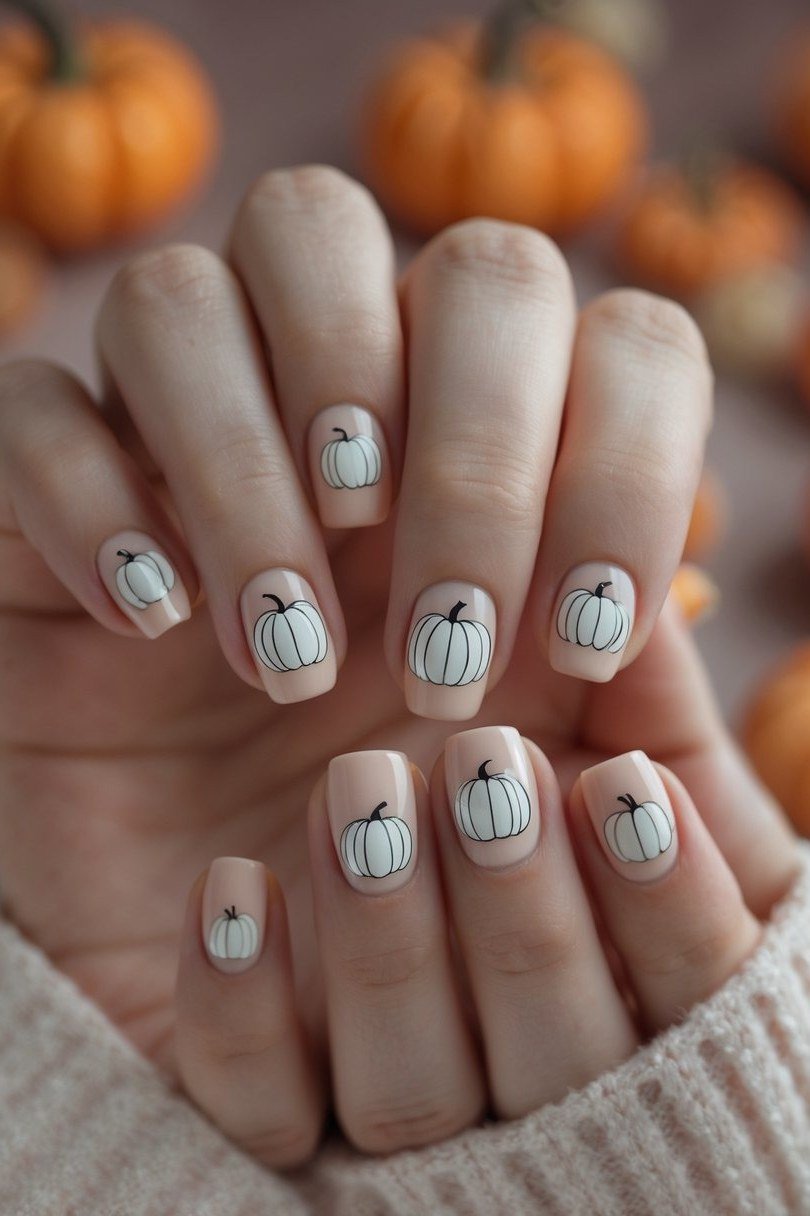 Pumpkin Outline Art on White Short Nails, classy short fall nails for women over 50
