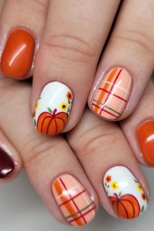 Plaid and Pumpkin Nail Art in Orange and Burgundy, classy short fall nails for women over 50