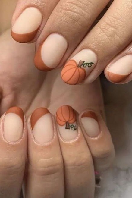 Nude Nails with a Tiny Pumpkin Accent, classy short fall nails for women over 50