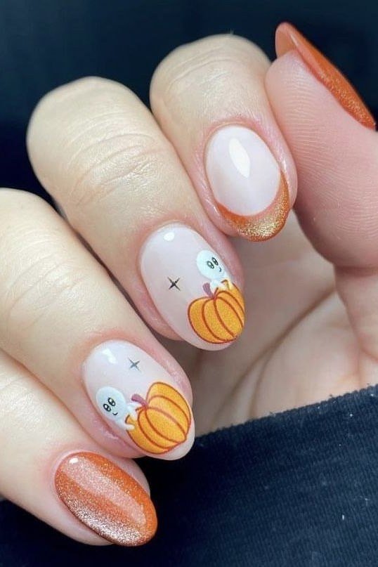 Pumpkin French Tips with Copper Glitter, classy short fall nails for women over 50