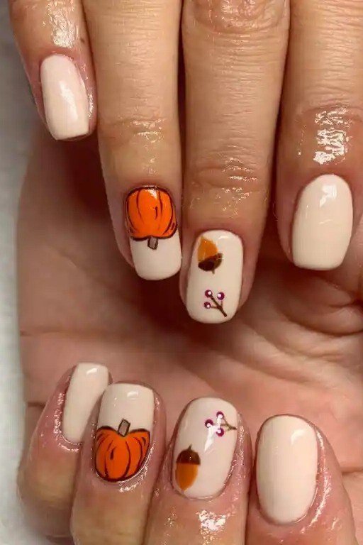 Bright Orange Short Nails with Pumpkin Accents, classy short fall nails for women over 50