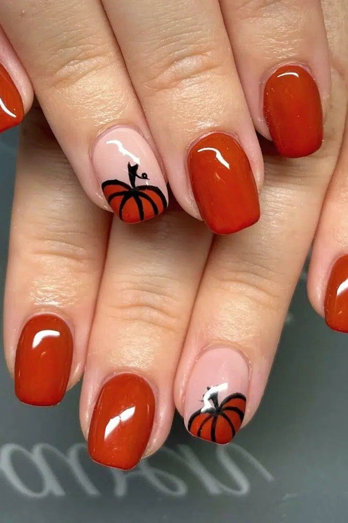 Burnt Orange Solids with a Pumpkin Accent Nail, classy short fall nails for women over 50
