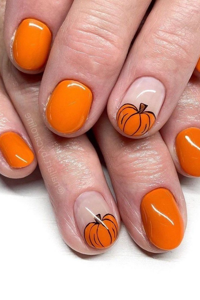 Pumpkin Art on a Nude Base, classy short fall nails for women over 50