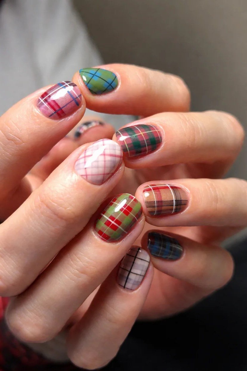 Mixed Fall Plaid Nail Art, classy short fall nails for women over 50