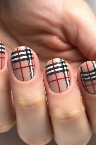 Burberry-Style Plaid with Red Solids, classy short fall nails for women over 50