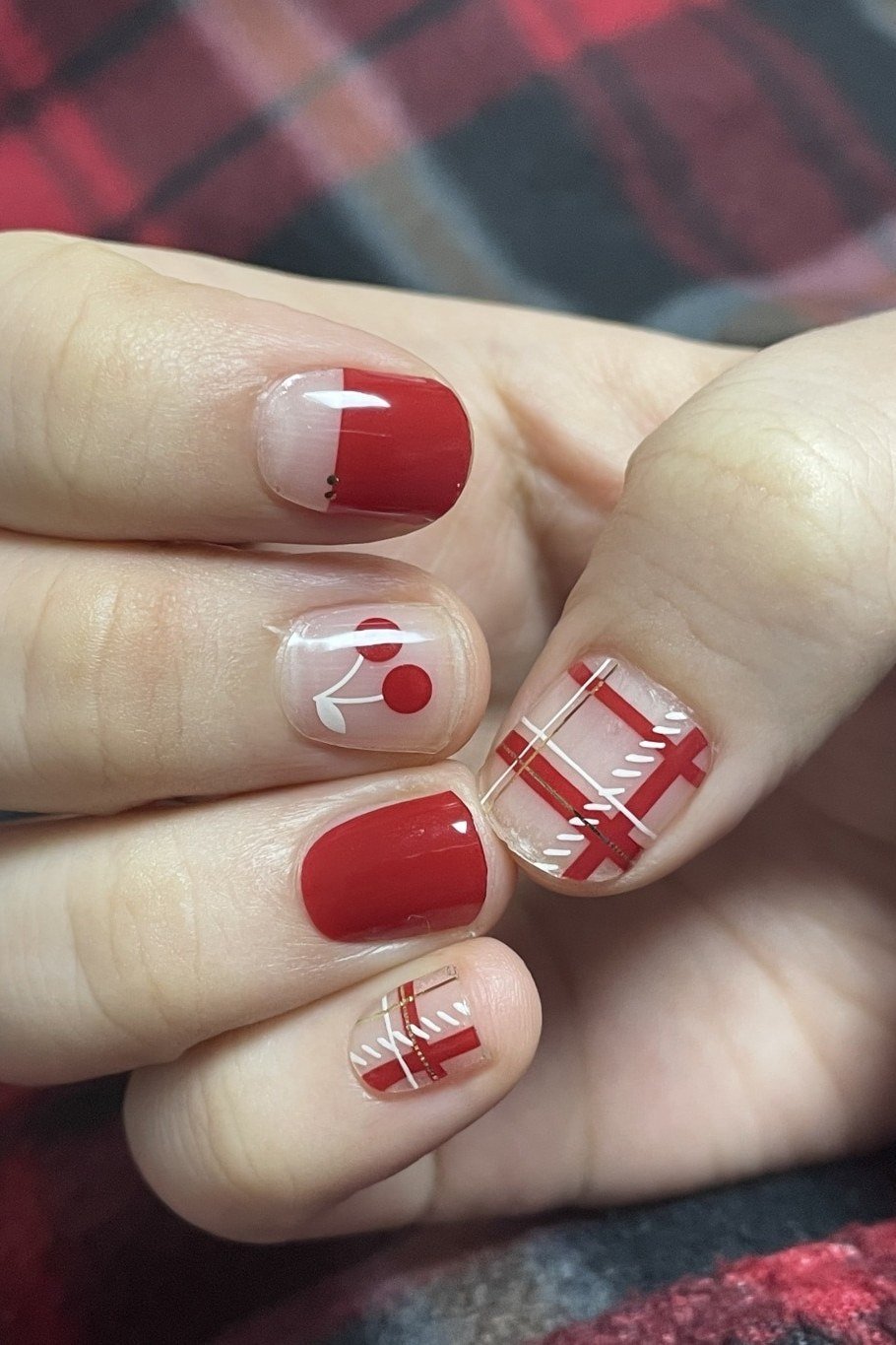 Red Solids with Red Plaid Accents, classy short fall nails for women over 50