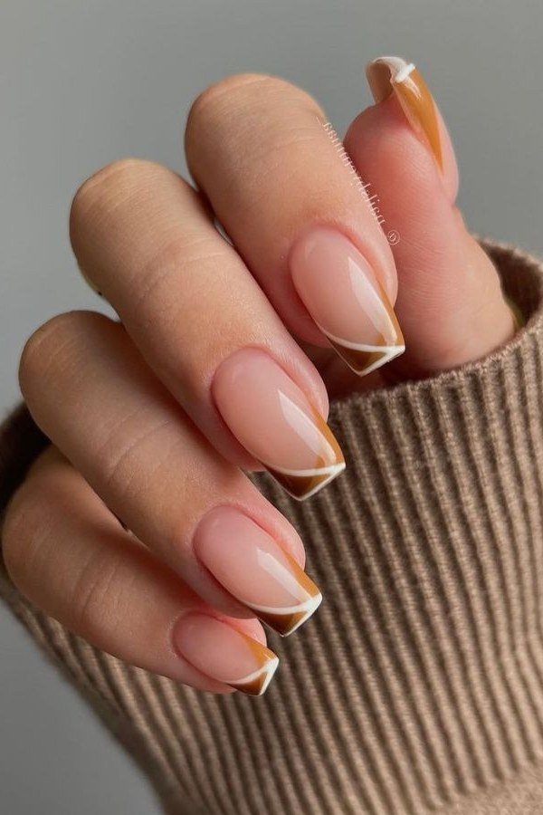 Caramel French Tips on Nude Nails, classy short fall nails for women over 50