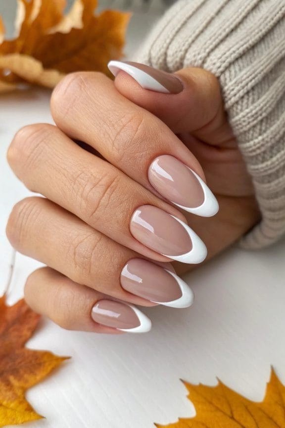 White French Tips with Tiny Maple Leaf Art, classy short fall nails for women over 50