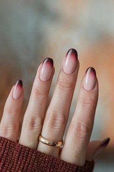 Burgundy Ombre French Tips, classy short fall nails for women over 50