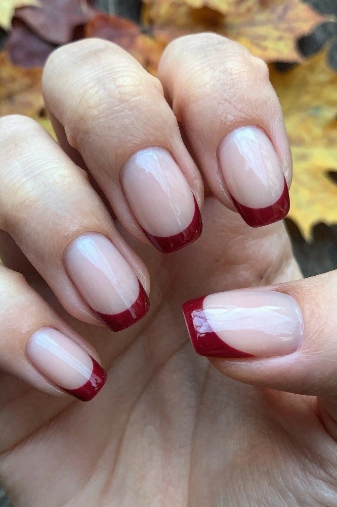 Burgundy French Tips, classy short fall nails for women over 50