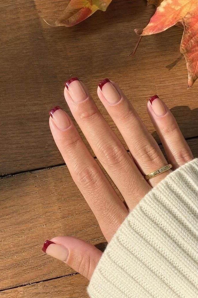 Burgundy Micro French Tips, classy short fall nails for women over 50