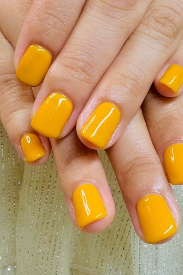Mustard Yellow Glossy Short Nails, classy short fall nails for women over 50