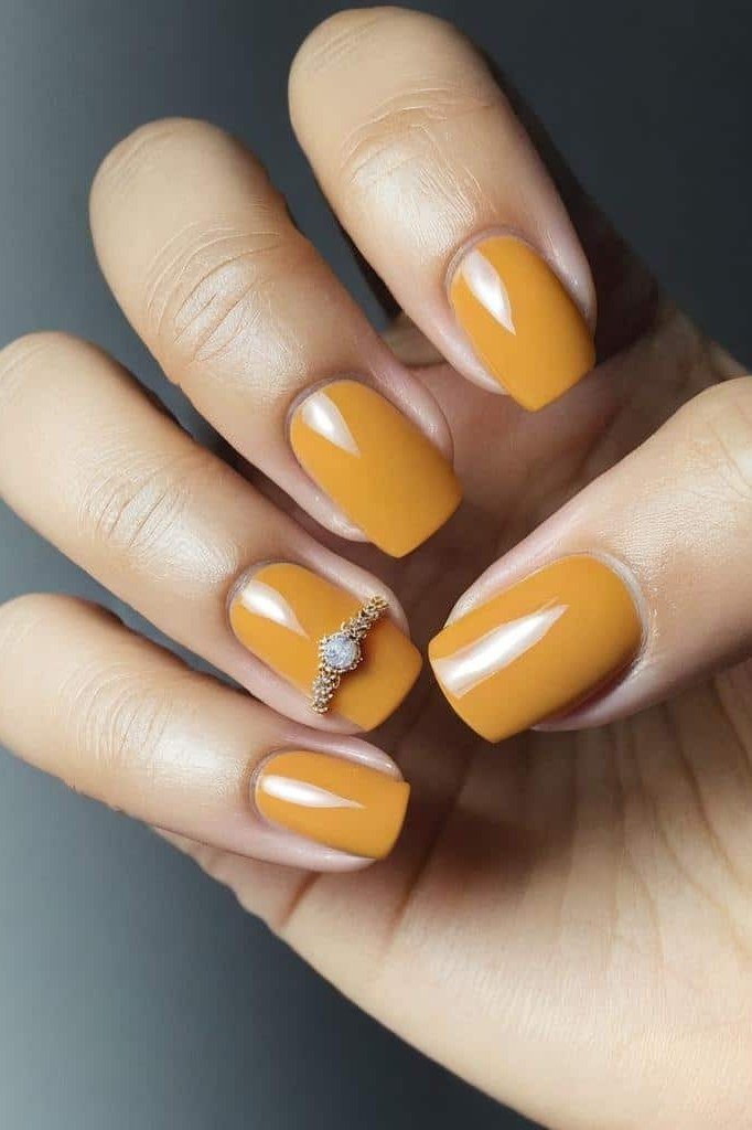Caramel Solids with a Copper Glitter Accent, classy short fall nails for women over 50